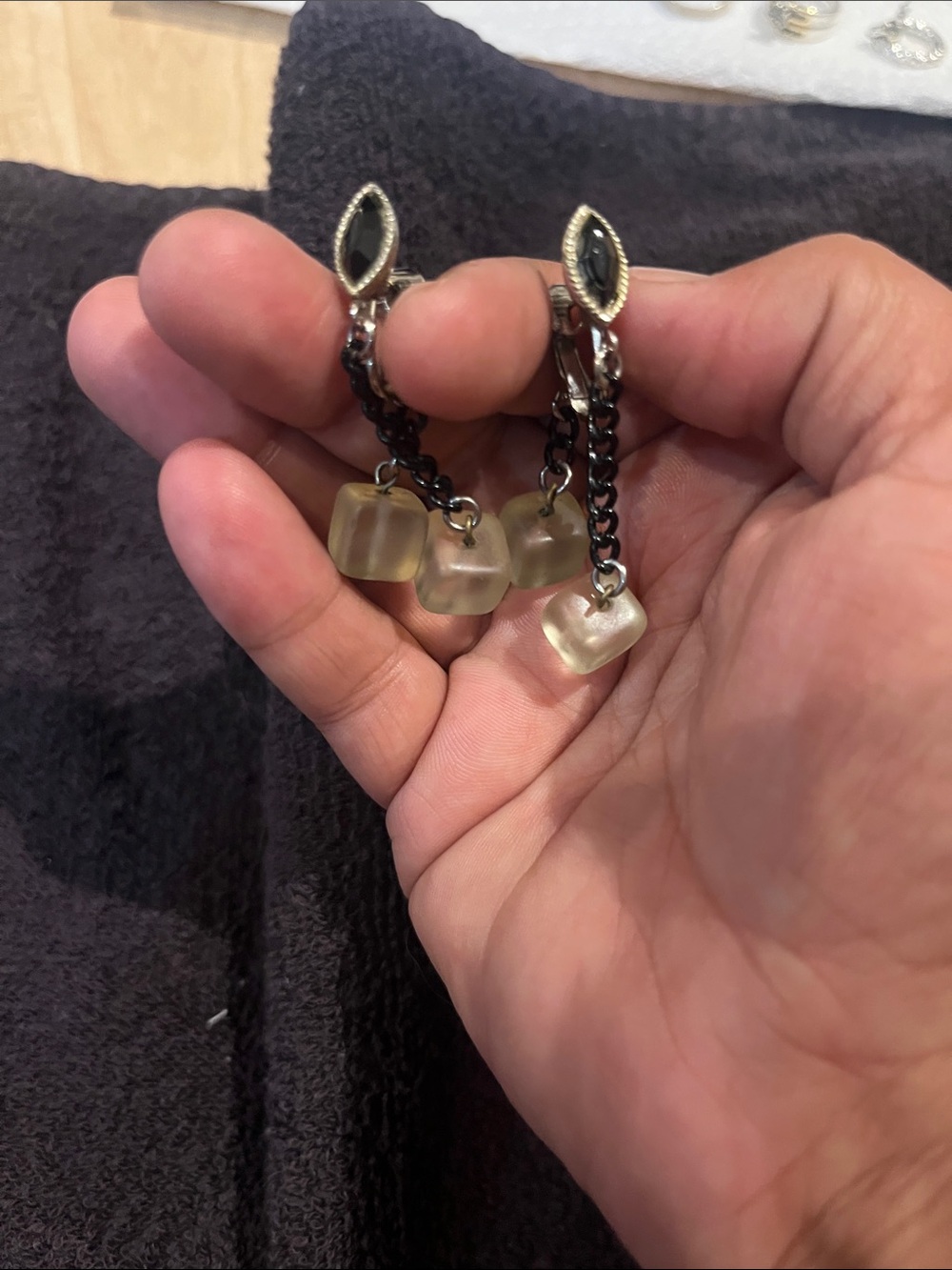 Dangle Chain Earrings with Frosted Cube Charms - Black & Frosted